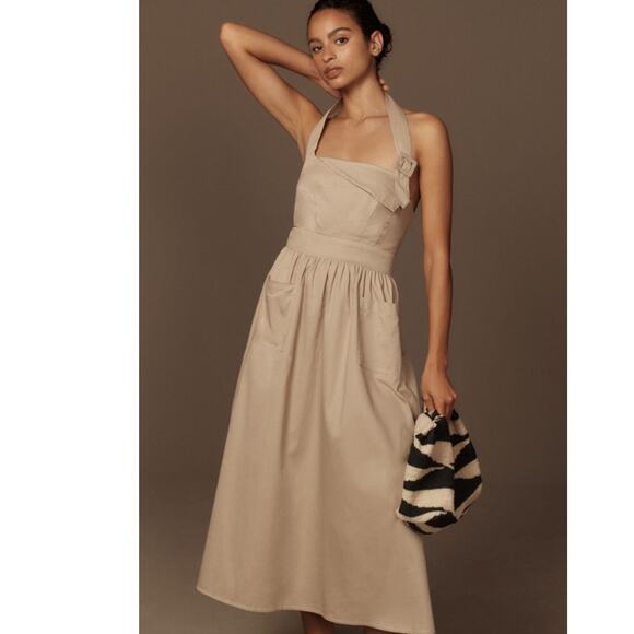 NWT Anthropologie Porridge Halter Utility Midi Dress $168 LARGE Taupe Cotton